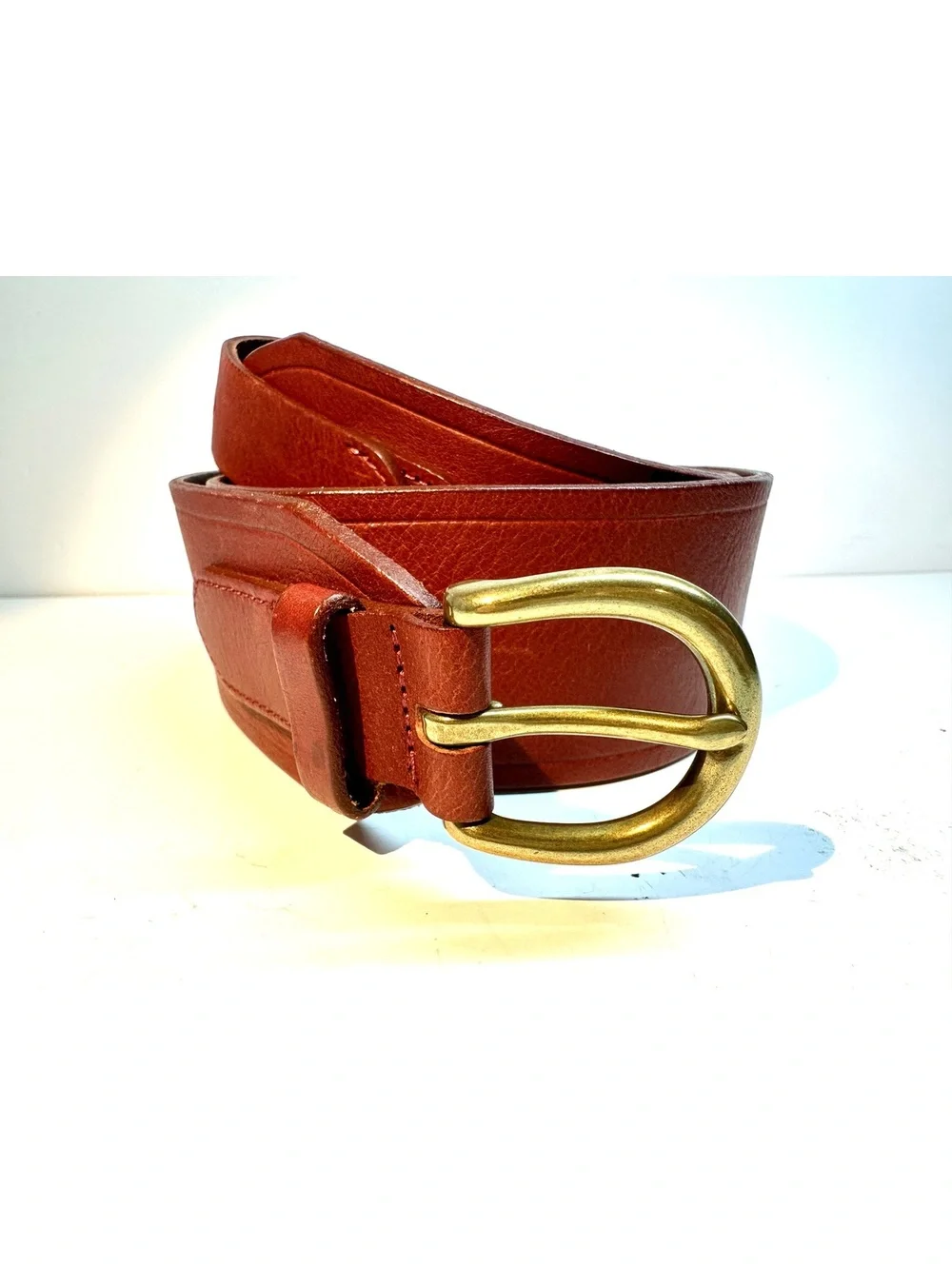 Vintage J. Crew Red-Brown Genuine Leather Waist Belt Solid Brass Buckle Size L - Picture 4 of 6